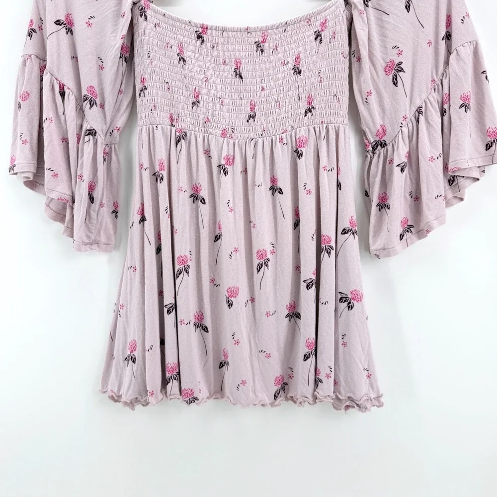 Free People Lana Off The Shoulder Top Size S Floral Smocked Bell Sleeve Boho